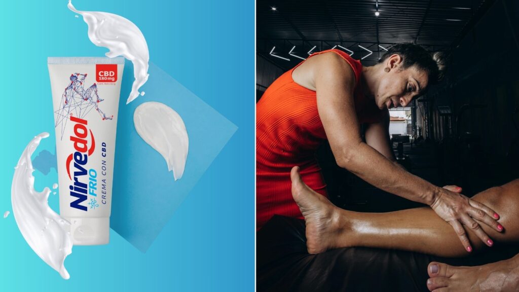Frasco de Nirvedol Frío con fondo deportivo y enfoque de recuperación